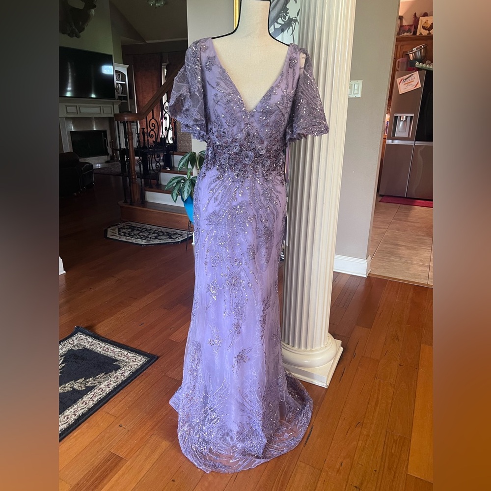 Mac Duggal Purple Flutter Sleeve V-Neck Gown - Picture 13 of 14